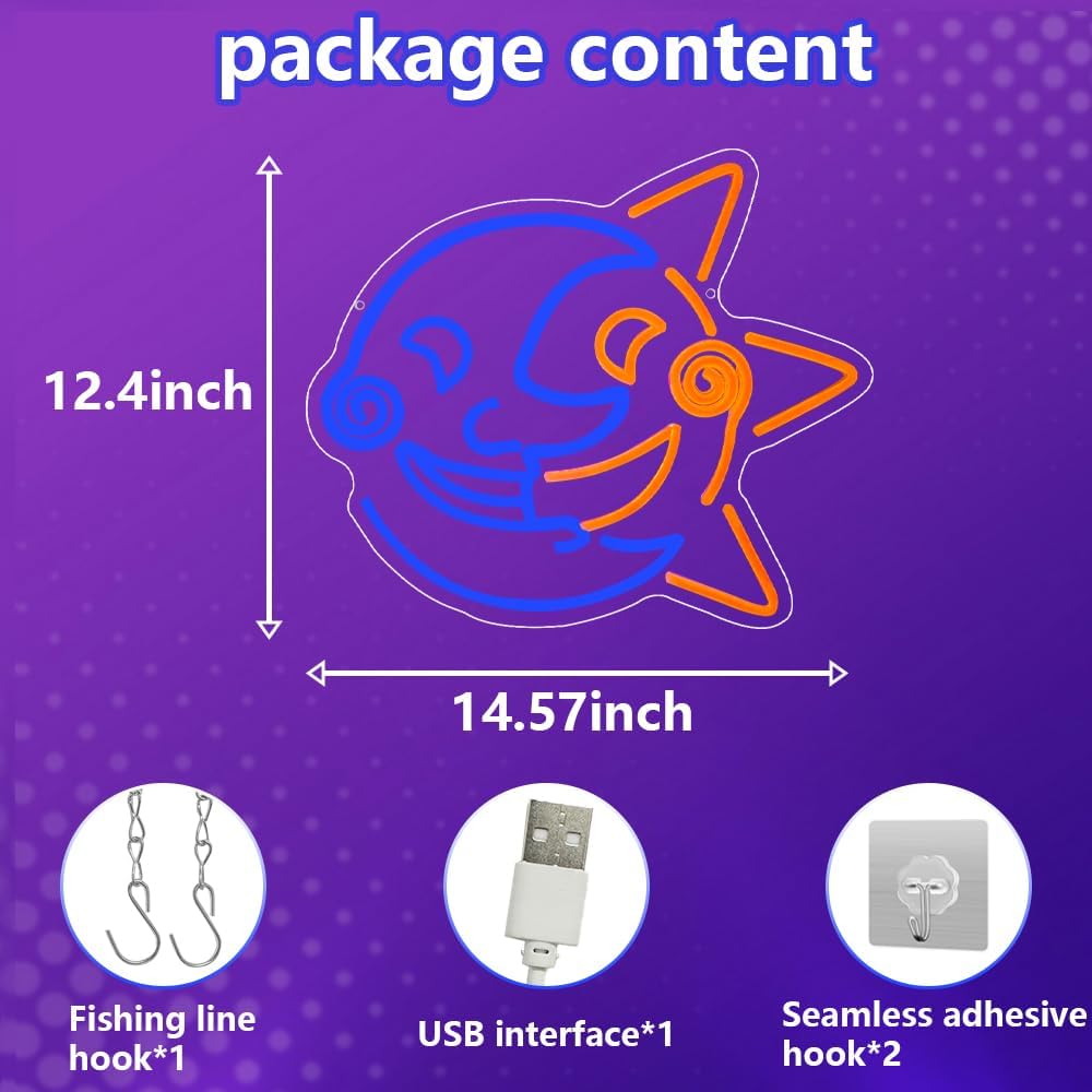 Sun Drop Moon Drop Neon Sign for Wall Decor, Smiling Face Gaming Room Anime Neon Light Acrylic Moon Sign for Bedroom Home Living Room Party Game Zone Wall Art Decor - Image 3