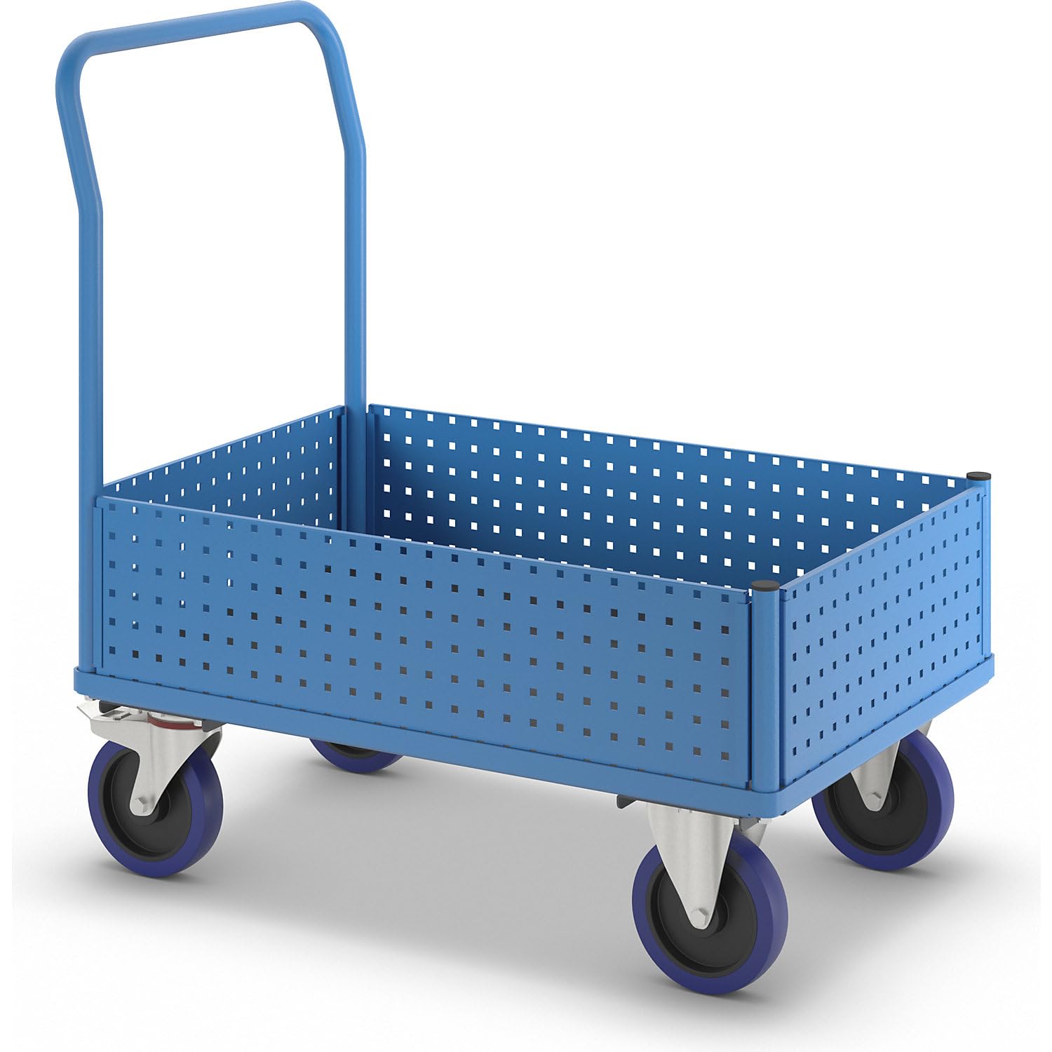 eurokraft pro | Plattformwagen | Mit 4 halbhohen Lochblechwänden, LxB 1050 x 700 mm, Vollelastik