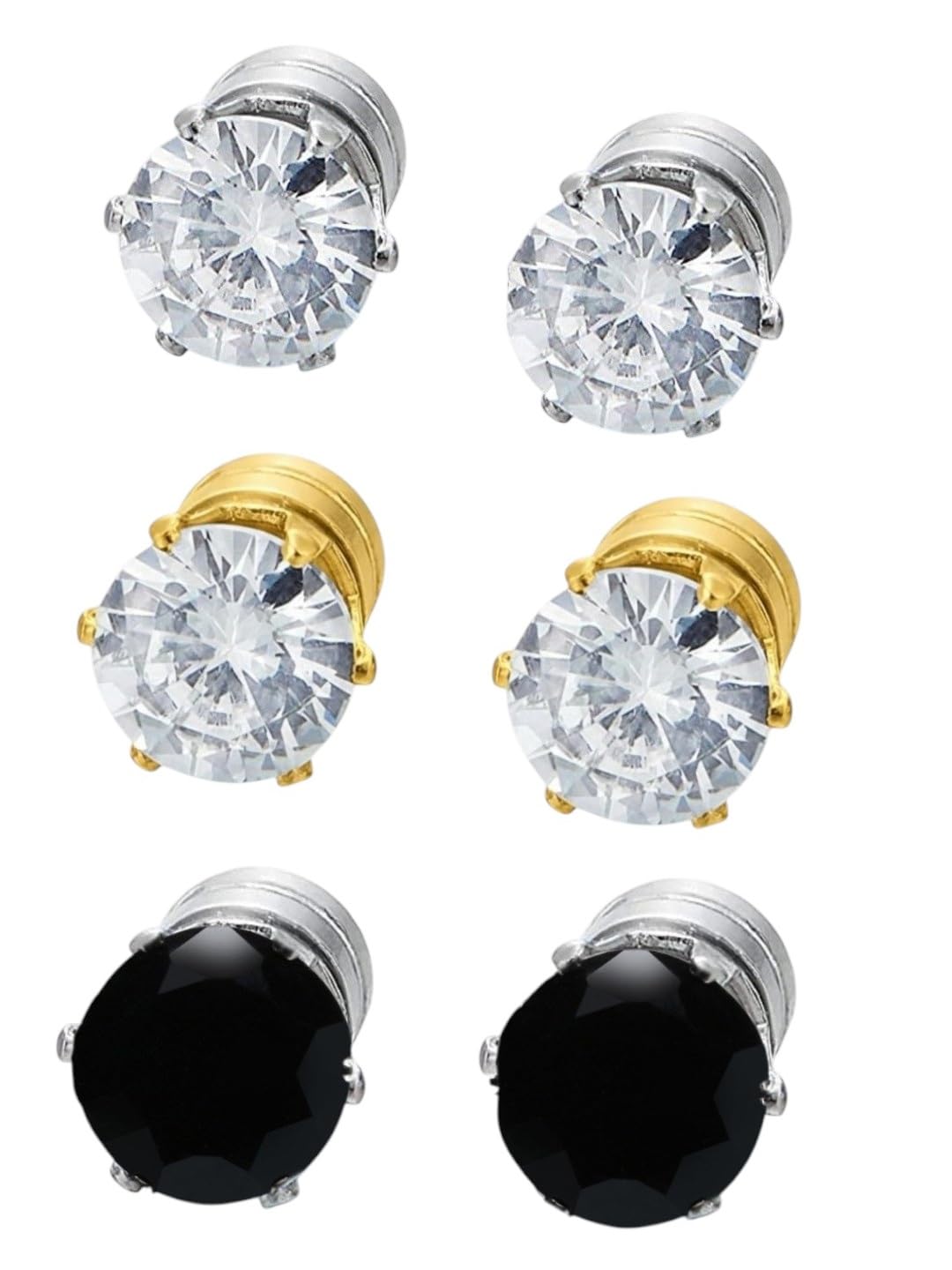 oomph Jewellery Combo of 3 Silver,Black & Gold Stud Earrings for Men Without Piercing - Solitaire Cubic Zirconia - Small Round Shape - Magnetic-picture-39