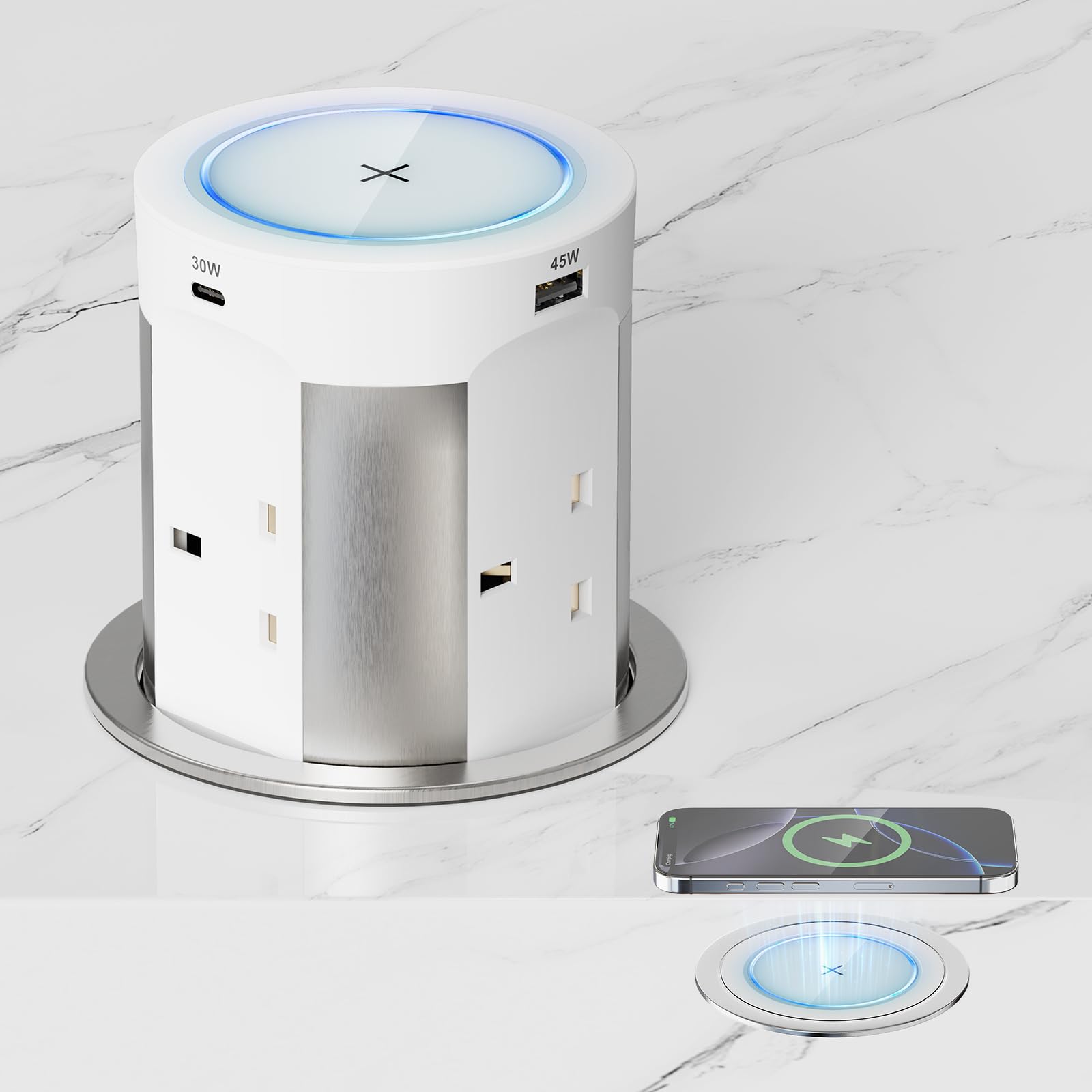 Pop Up Socket 9-in-1 with 75W Total USB Power, 4 Way Recessed Worktop Socket with 15W Wireless Charging, for Kitchen, Office & Desk, 1.8m Cable, Ø100mm, White