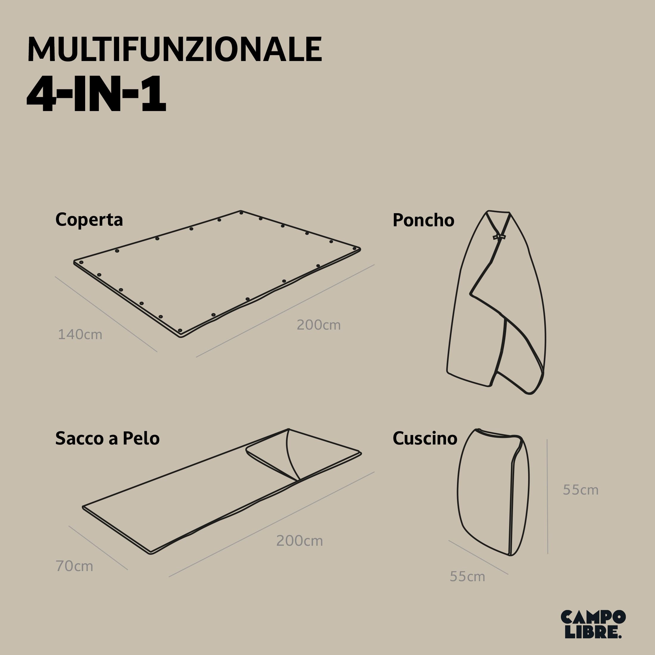 Campo Libre.® WANDA Coperta da Campeggio 4-in-1 – Coperta da Viaggio Multifunzionale, Sacco a Pelo, Cuscino e Poncho, Coperta Termica Outdoor Leggera con Morbido Pile Sherpa. Blu Laguna