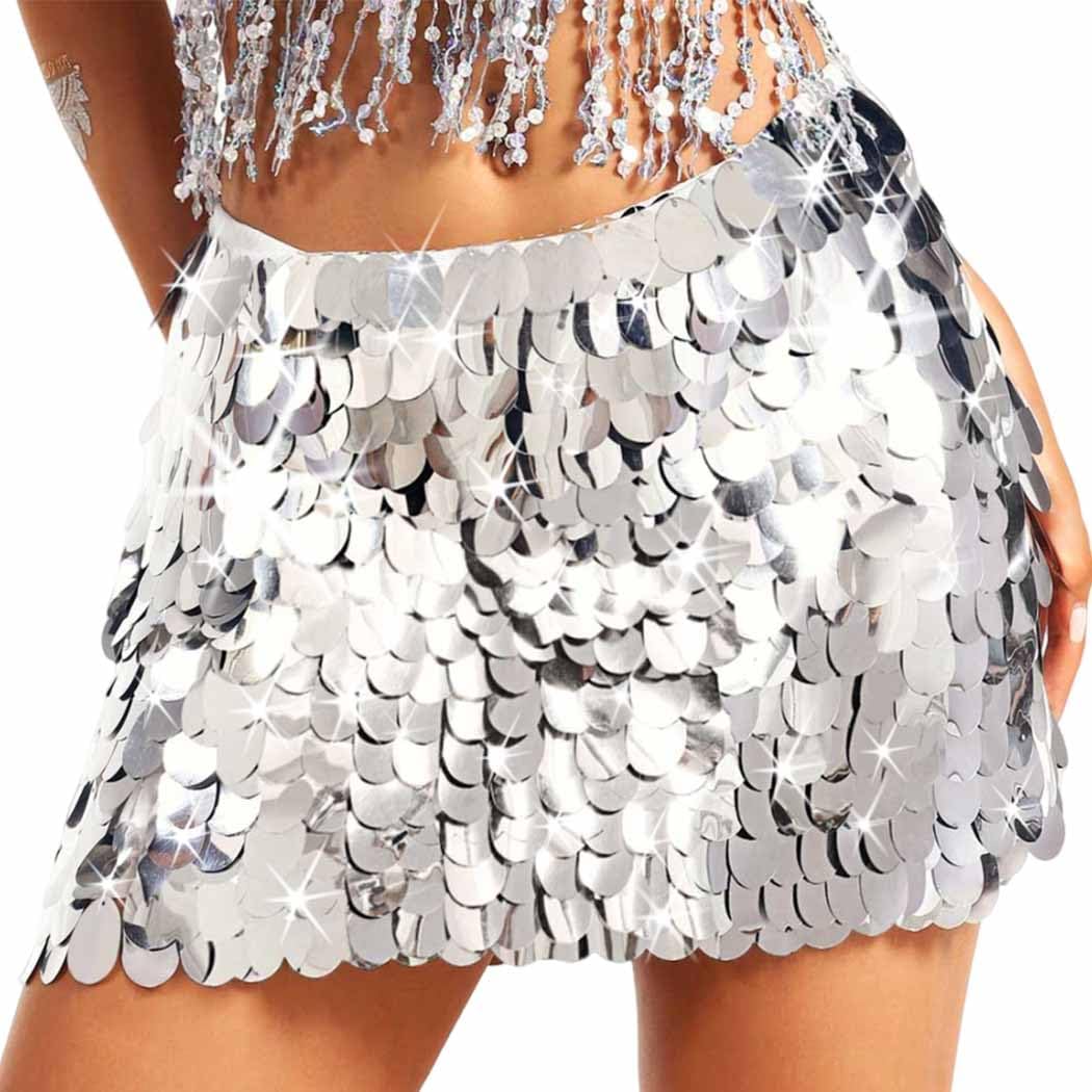 Zoestar Sparkly Sequin Skirt Silver Fringe Rave Disco Skirts for Women