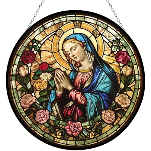 365CUSGIFTS Personalized Virgin Mary Stained Glass Window Hanging by Clare Donovans Stained Glass Suncatcher Birthday Gift for Mom Grandma Teacher Women Friend Memorial Hook