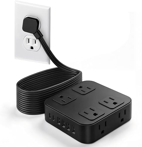 10FT Flat Extension Cord Surge Protector with Multiple Outlets, Black
