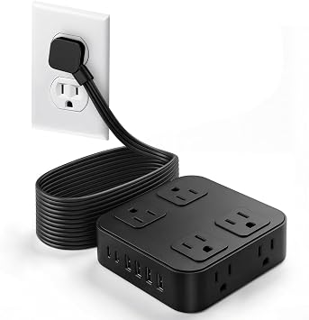 10Ft Extension Cord w/ 8 Outlets & 6 USB 2 USB C, 1250W 900J Protection Power Strip w/Power Switch, Surge Protector Power Strip Flat Extension Cord Outlet Extender for Home Office