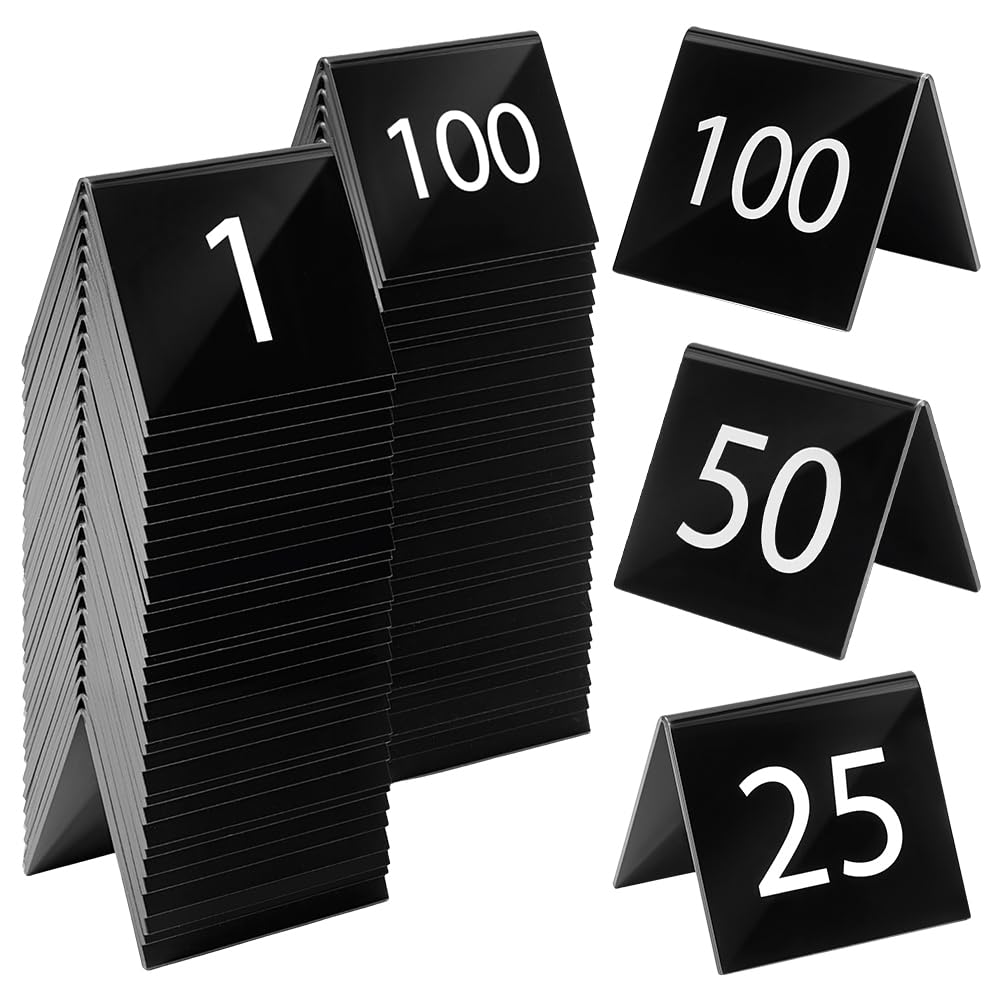 DELORIGIN 100pcs Acrylic Wedding Table Numbers with Stands 1-100 Black Rectangle Display Signs Holders Table Numbers for Wedding Centerpiece Reception Parties Anniversaries and Events Restaurant