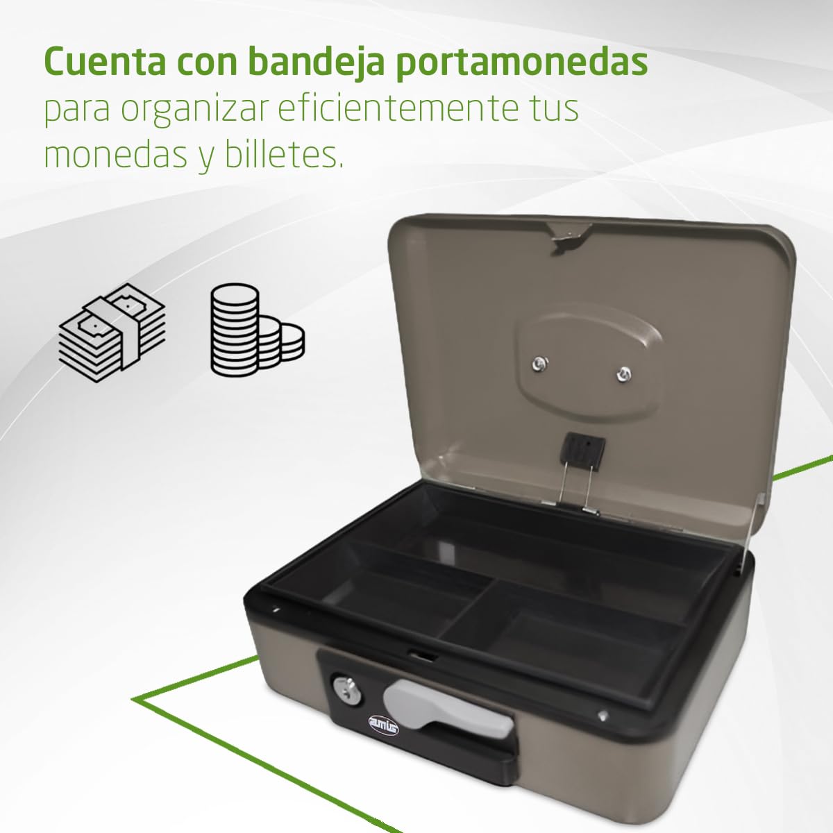 Caja De Seguridad AMIG De Acero, 197x154x80 Mm, Con Bandeja Para Monedas, Llave Y Apertura Automática, Color Gris