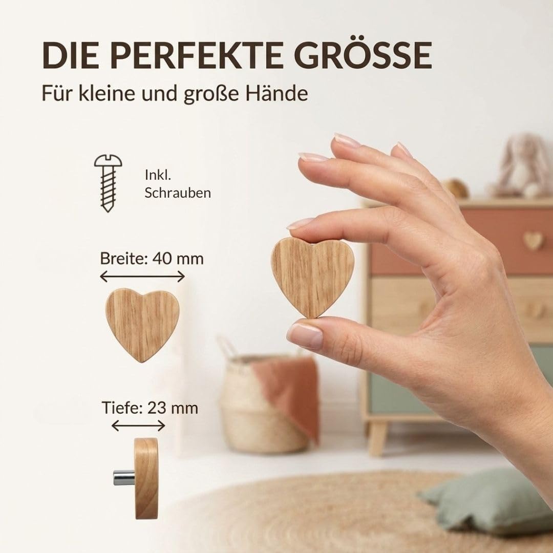 Lot de 12 boutons de meuble en bois - En forme de cœur - Pour enfants - Pour commodes