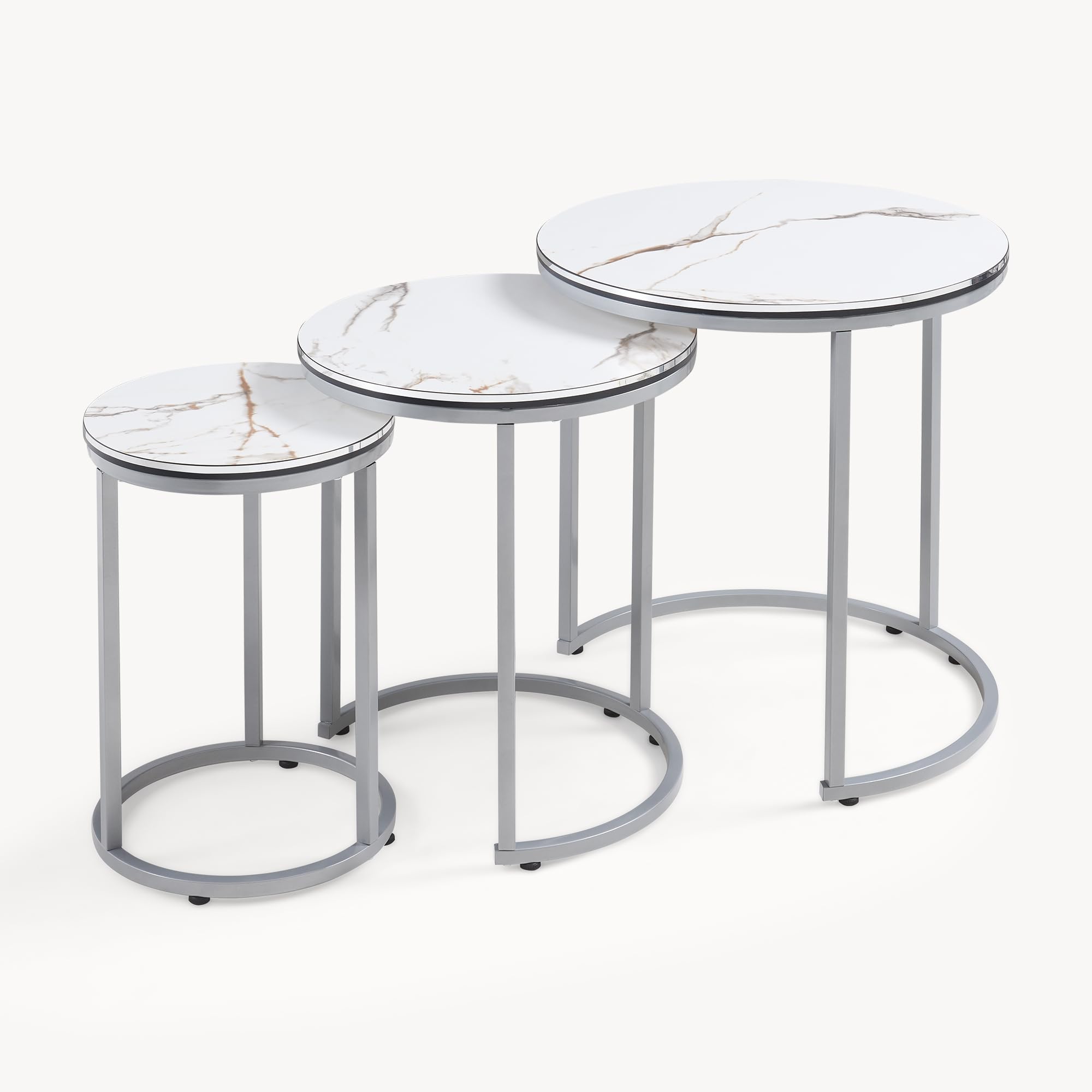 [en.casa] Set di 3 Tavolini da Salotto Tavolini Sovrapponibili con Telaio in Metallo e Piano Rotondo in Effetto Marmo Bianco