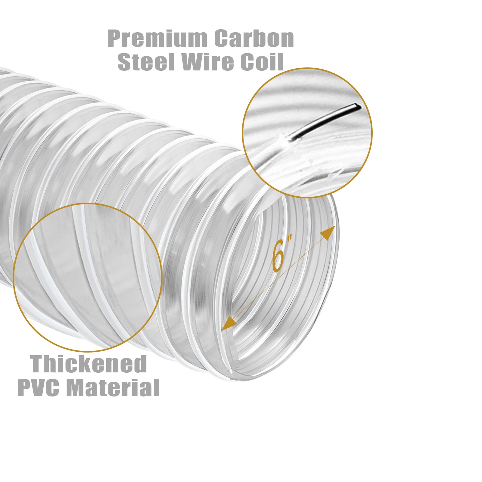 Manguera de recogida de polvo de 6 pulgadas x 10 pies, manguera de recogida de polvo de PVC resistente a pinchazos con bobina de alambre de acero al carbono, manguera flexible de recogida de humos de