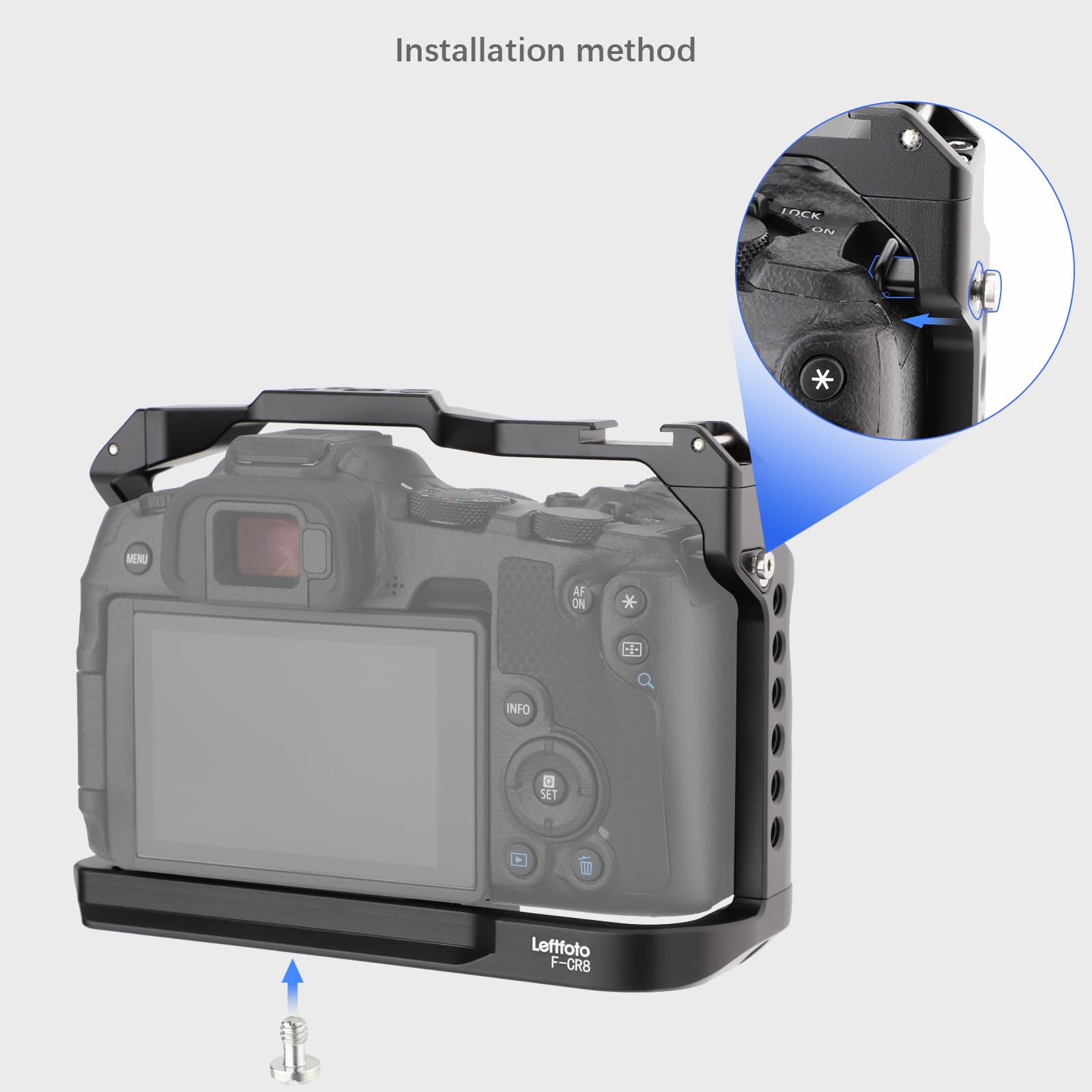 LEFTFOTO Gabbia per fotocamera Canon EOS R8 con base Arca, scarpa fredda, slot per cinghia, fori per viti da 1/4 e 3/8", compatibilità stabilizzatore DJI RS - per riprese video Vlog