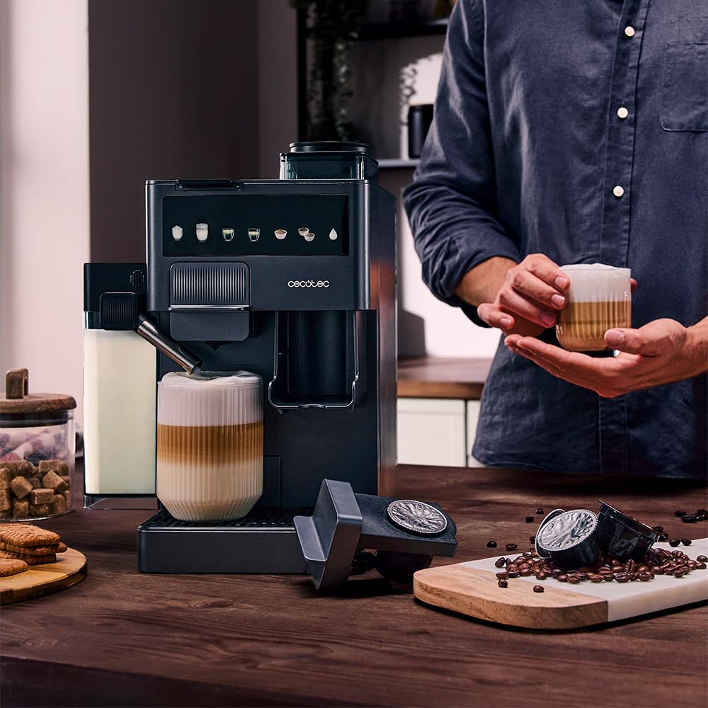 Cecotec Freestyle Grind & Latte Kaffeekapselmaschine, 1400 W, 20 bar, Multi-Kapseln, konische Mühle, 1,6 l Wassertank, 300 ml Milch, Thermoblock, Touchscreen