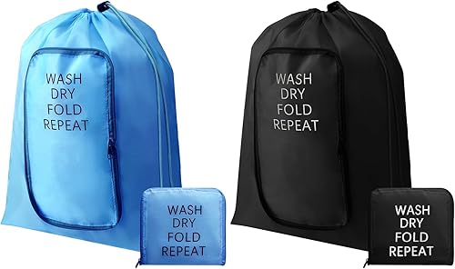 2 piezas de bolsa de lavandería de viaje, lavable, para ropa sucia, con cordón y cremallera para maleta, 22 x 18 pulgadas (negro, azul, clásico)