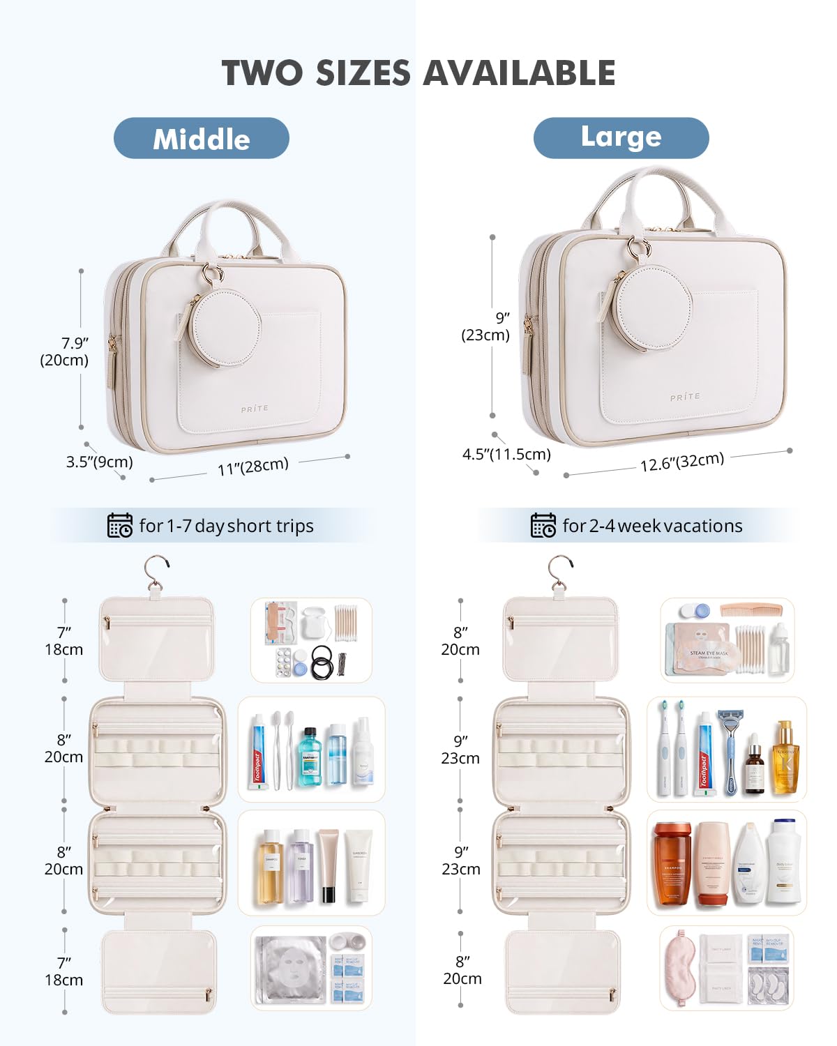 Prite Necessaire da Viaggio Sospendibile Espandibile per Donna e Uomo, L | Borsa Trucchi, Due Taglie, Pieghevole, Mini Pochette Rimovibile per Gioielli, Gancio Metallico, Resistente all’Acqua, TPU