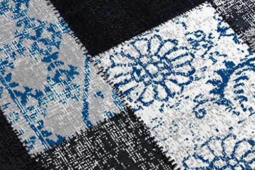Tapis vintage gris bleu patchwork aux finitions soignées style rétro