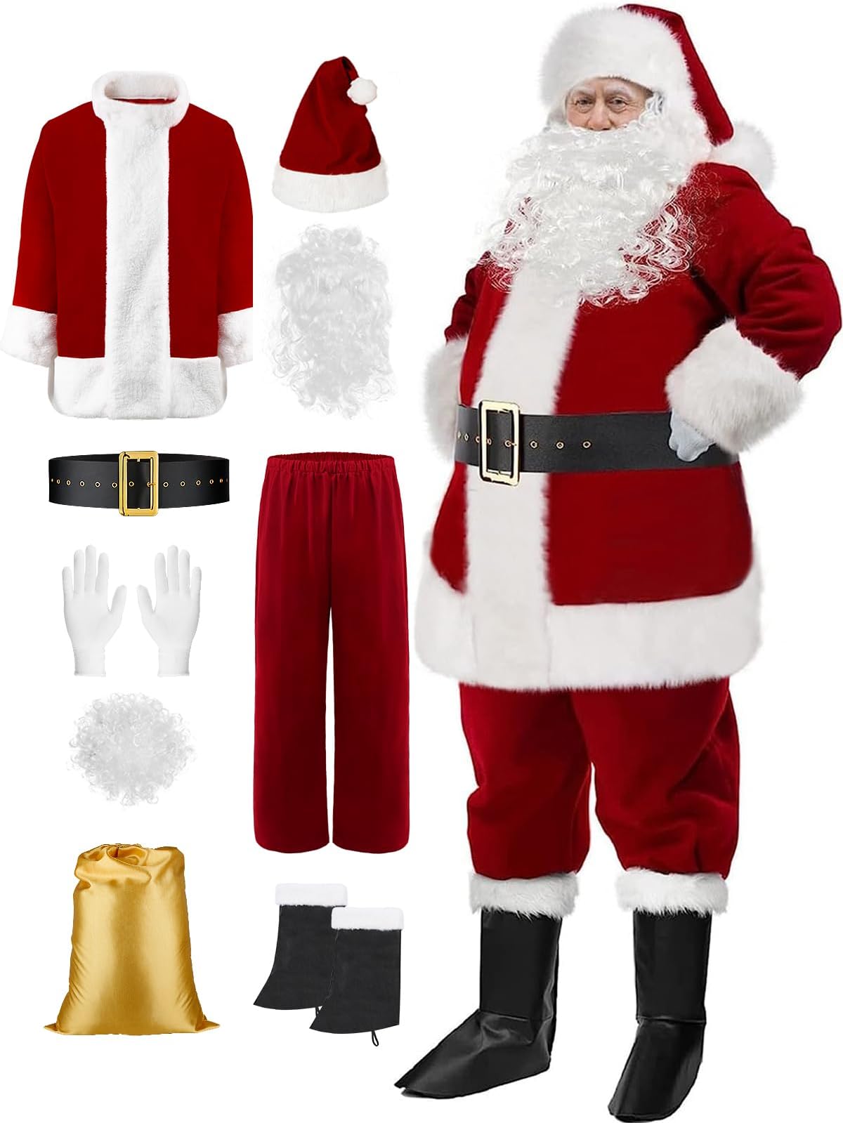 Santa Claus Costume for Men 9pcs Set with Beards Big Tall Christmas Suit