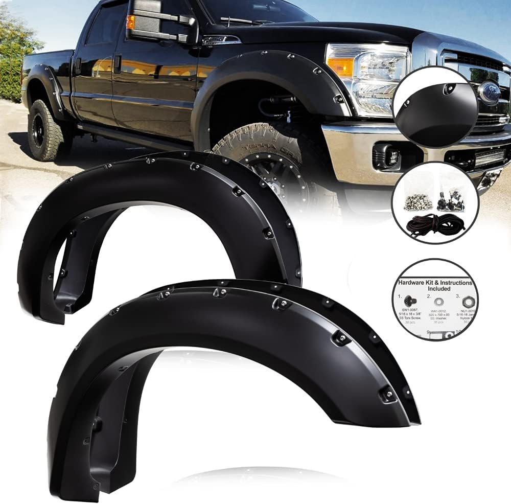 ProTuningLab Fender Flares for Ford F250 F350 Super Duty 2011-2016 Smooth Black Finish, Pocket Riveted Style, Set of 4