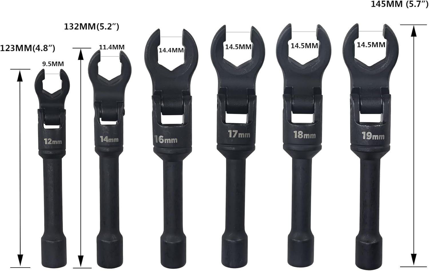 6PCS Long Flex Head Injector Fuel Line Socket Wrench Set, 3/8" Drive Crowfoot Flare Nut Wrench Metric 12/14/16/17/18/19mm