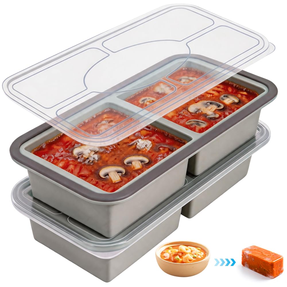 Zmcvoe 2 Grids, Grey 2 Pack Soup Freezer Containers, Silicone Freezer Moulds With Lid, Silicone Freezer Tray For Meal Prep, Storing Soups, Sauces (2 Grids, Grey)