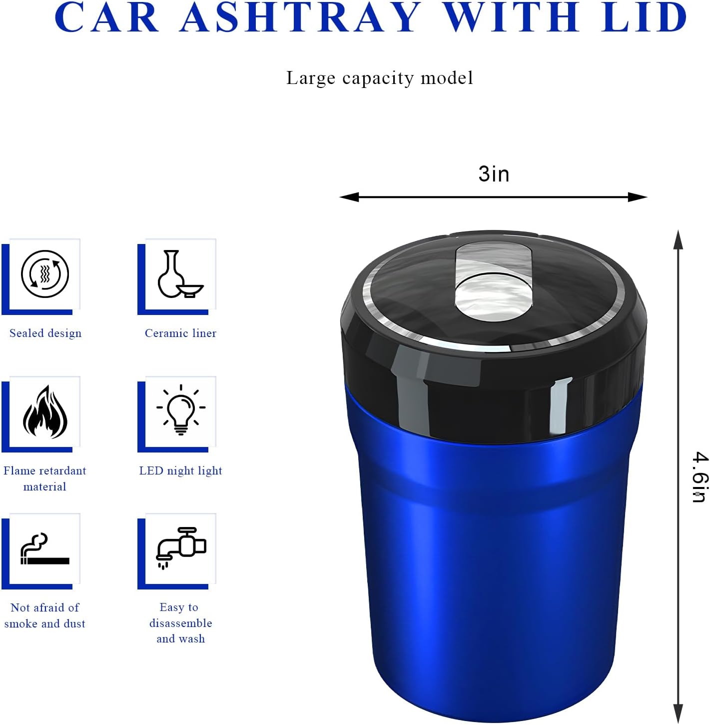 Sun Walker Car Ashtray with Lid, Smokeless Easy Clean Up Cup Holder Ashtray with LED Light, Detachable Smell Proof Ash Tray Cylinder Vehicle Interior Trash Can, Car Accessories (Blue, Large)