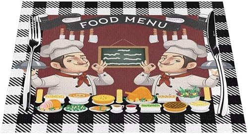 Miniatura 18 de Juego de 4 manteles individuales de tela de chef de cocina, manteles individuales de lino con patrón de cocinero gordo de dibujos animados,