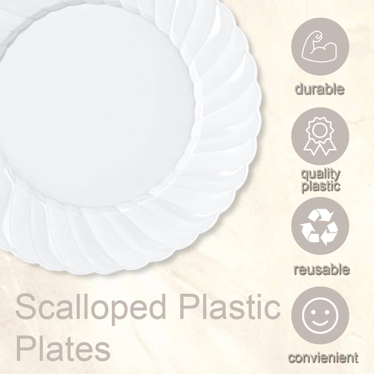 U-QE 60 Count White Plastic Plates for Party - 7 Inch Scalloped Dessert Plates Disposable Heavy Duty - Premium Hard Plastic Appetizer/Cake Plates for Party, Wedding, BBQ, Picnic and Graduation - Image 2