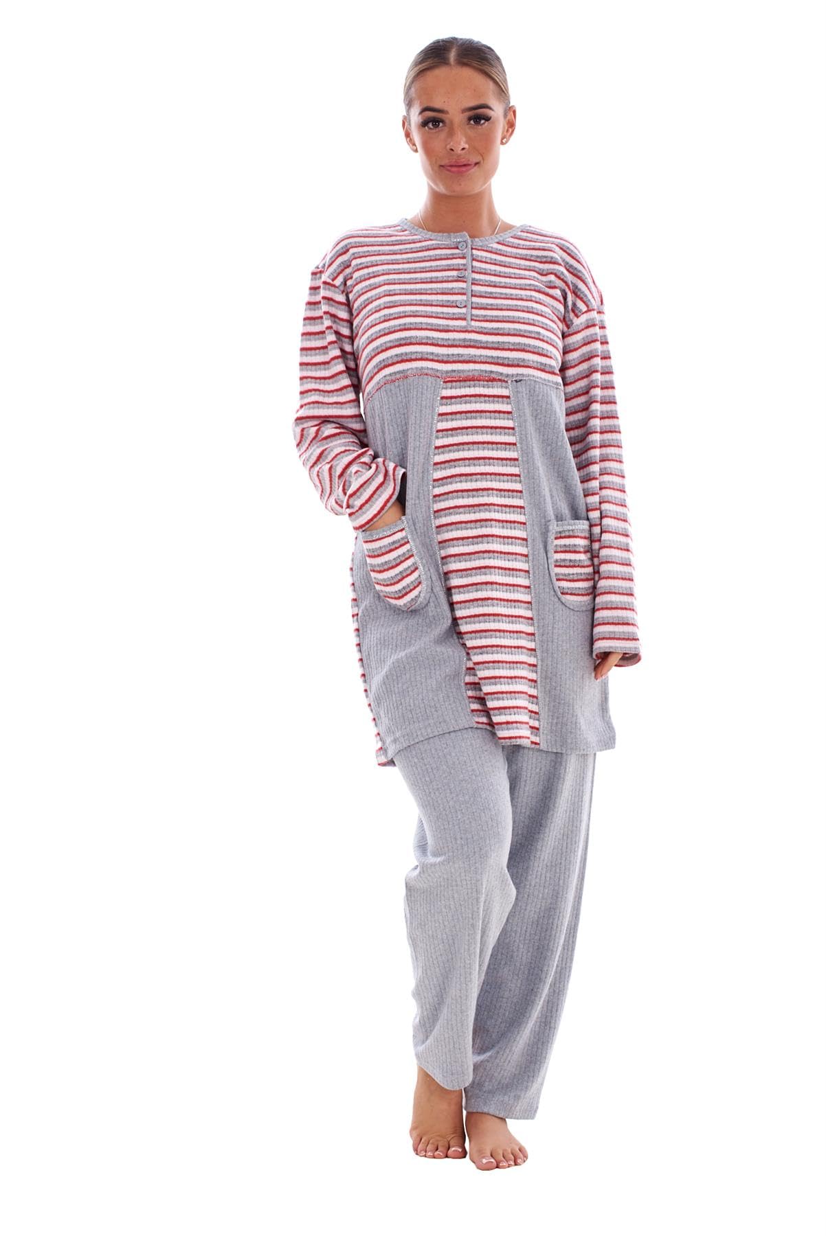 Malay Women's 100% Cotton Ribbed Pyjama Set – Long Sleeve Striped Top & Bottoms – Soft...