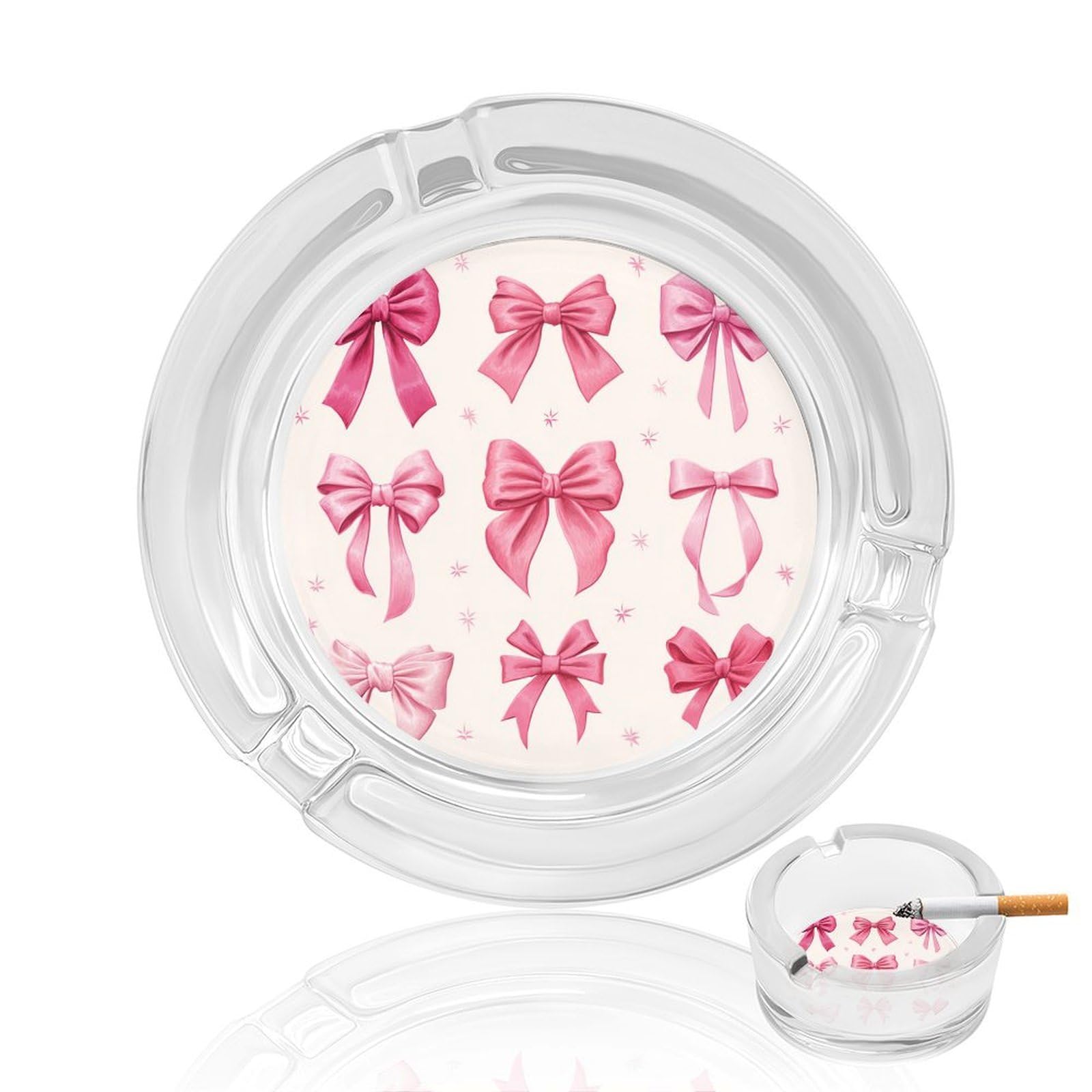 Light Pink Bows in Three Rows Glass Ashtray for Cigarettes Portable Decorative Ash Trays for Home Office Decor