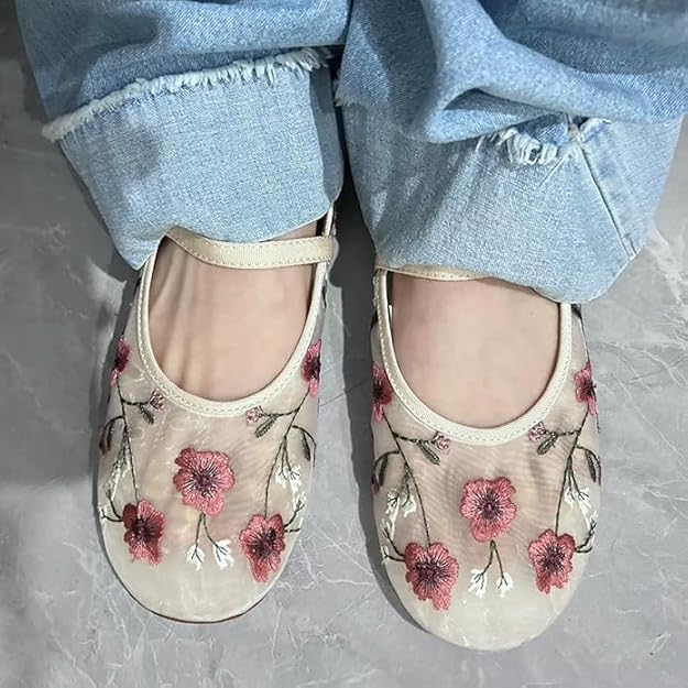 Image of Mesh Ballet Flats for Women Embroidered Floral Mary Jane Flats Round Toe Slip On Ballerina Shoes Comfortable Casual Daily Dress Flat Shoes