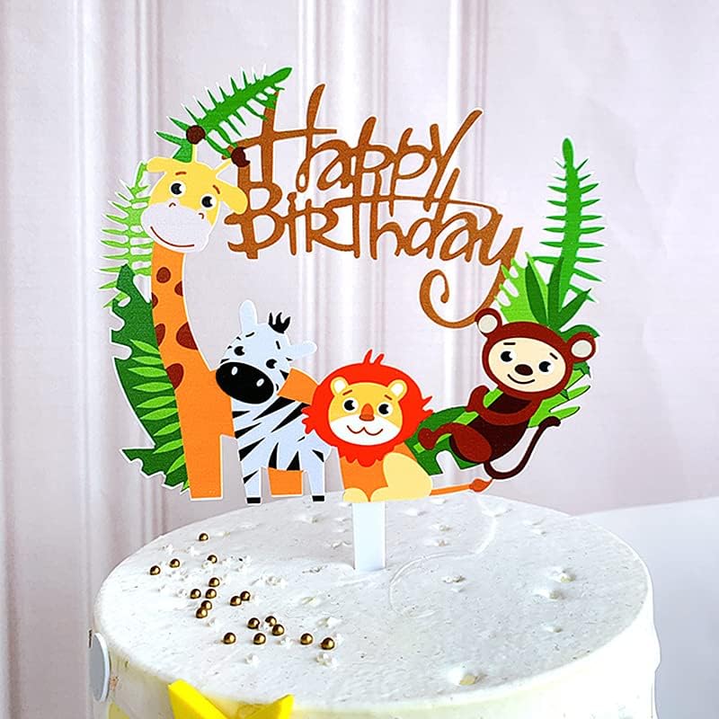 Jungle Safari Animal Happy Birthday Cake Topper (made of Acrylic), Cake Decorations for Kids, Boys, Girls Zoo Theme Party