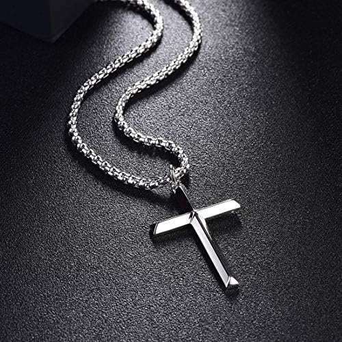 FANCIME White Gold Plated 925 Solid Sterling Silver High Polished Mens Crucifix Pendant Fine Jewellery for Mens Boys, with Stainless Steel Box Chain Necklace Length 24 Inch