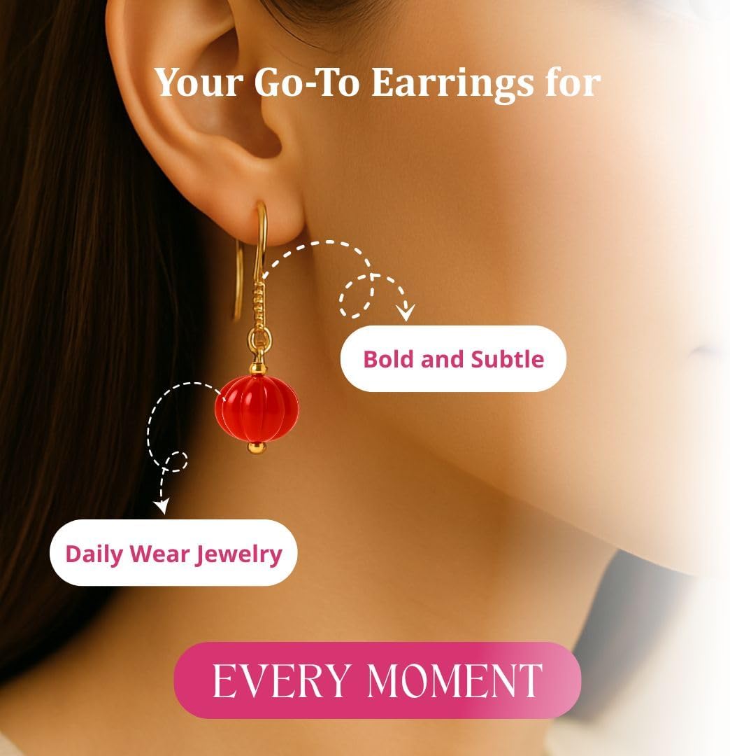 Gempires Red Agate Drop Earrings for Women – Handmade Melon Bead Dangle Earrings, Lightweight Crystal Jewelry, Hypoallergenic Everyday Gift - Image 4