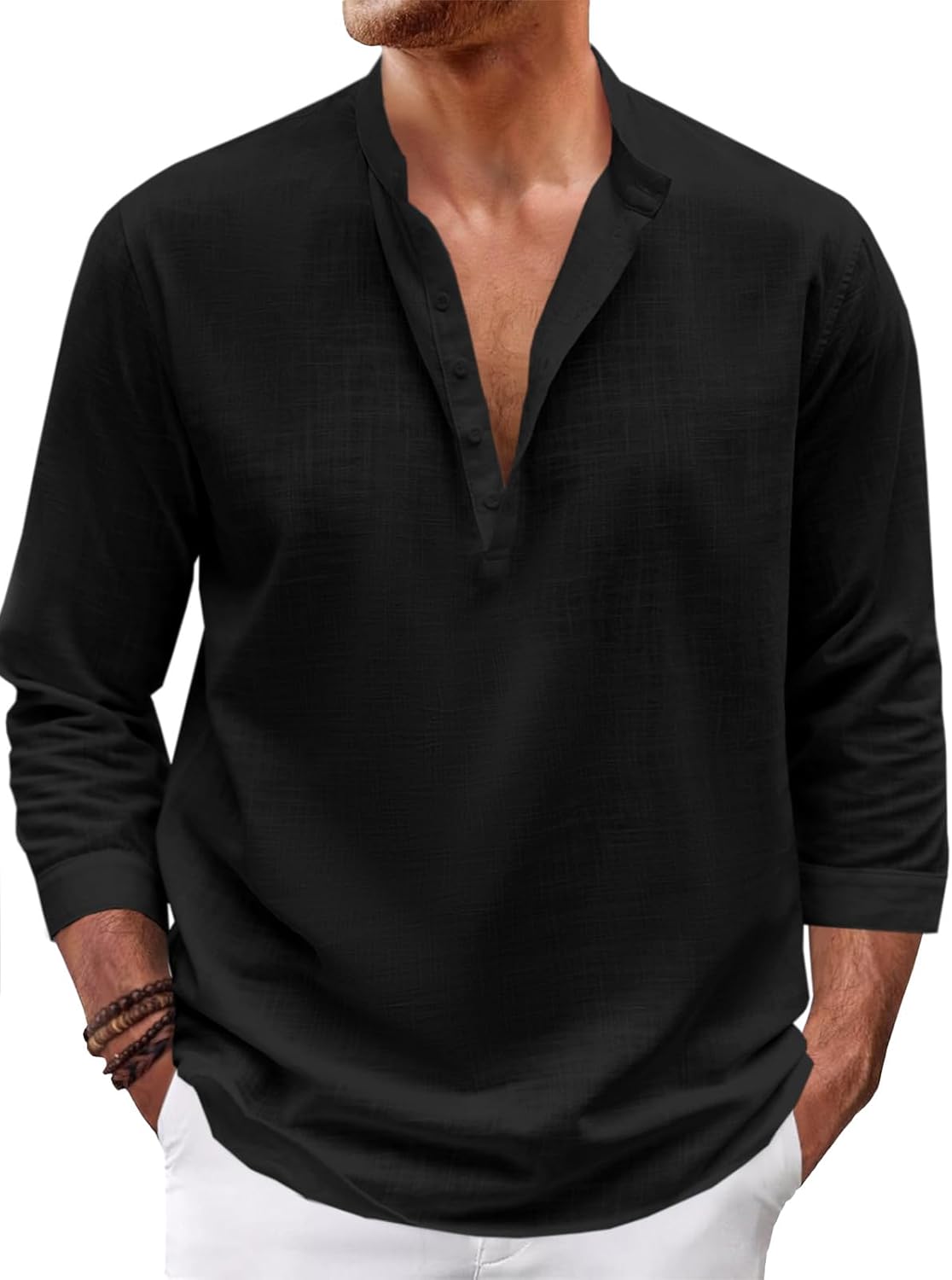 Karlywindow Mens Linen Henley Shirts Long Sleeve Hippie Yoga Summer Beach Casual Henleys T-Shirt