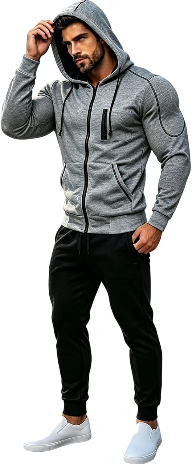 Men's Contrast Color Full Zip Hoodie Set 2 Piece Gym Tracksuit