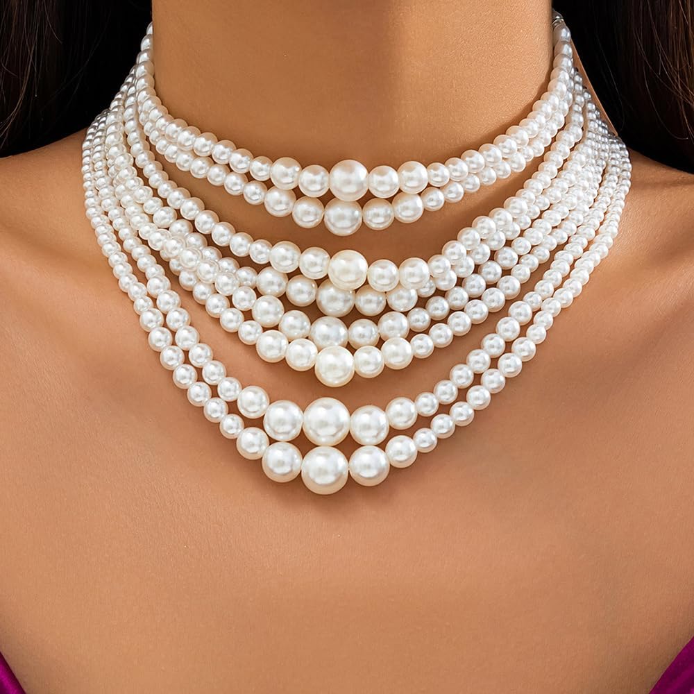 Octwine Boho Round Imitation Pearl Layered Choker Necklace Multi Strands Vintage 1920s Bridal Wedding Christmas Vintage Shiny Large Necklace for Women (Silver 3) - Image 2