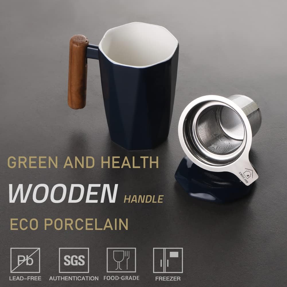 Crazy Deals SWEEJAR Porcelain Tea Mug with Infuser and Lid, Wooden Handle, 17 Ounce, Geometric Shape Tea Cup for Steeping, Tea Lover, Gift, Home, Office (Navy)