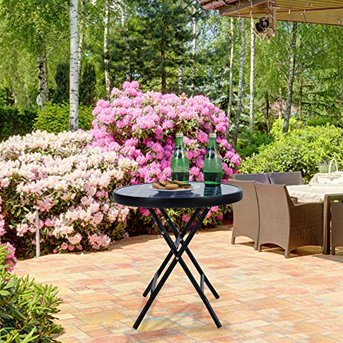 PHI VILLA Klappbar Runder Beistelltisch Glas aus Metall Gartentisch Kaffeetisch Klein Balkontisch wetterfest pflegeleicht für Balkon Garten Terrasse Wohnzimmer