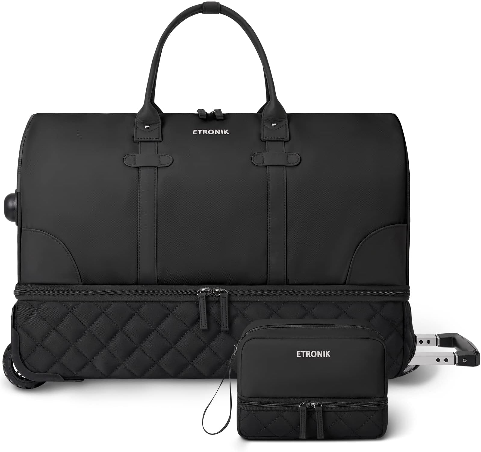 Rolling Duffle Bag with Wheels, 21 Inch Flight Approved Duffle Bag for Travel with Toiletry Bag, Carry on Luggage Weekender Bags for Women with Shoe Compartment, Black