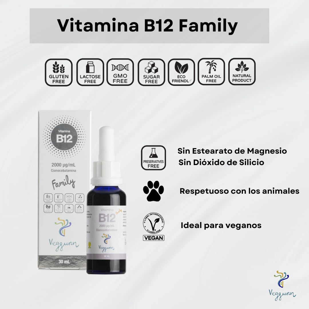 VEGGUNN - Vitamina B12 Familiy - Bote de 30 ml. Vitamina B12 Sublingual - 2000 mcg por mililitro, Natural, con Certificado Vegano - Vitaminas para el Cansancio con Suministro para 30 Semana