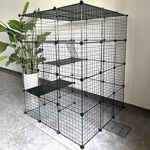 Large Cat Cage Indoor Cat Enclosures DIY Cat Playpen Detachable Metal Kennel with 3 Platforms Beds and 2 Ladders, Ideal for 1-4 Cats，Guinea Pigs, Rabbits, Small Animals (41.7"L x 41.7"W x 56“H, Black)
