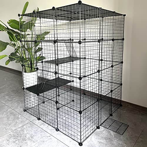 Large Cat Cage Indoor Cat Enclosures Diy Cat Playpen Detachable Metal Kennel With 3 Platforms Beds And 2 Ladders, Ideal For 1-4 Cats，Guinea Pigs, Rabbits, Small Animals (41.7"L X 41.7"W X 56“H, Black) #TOP14