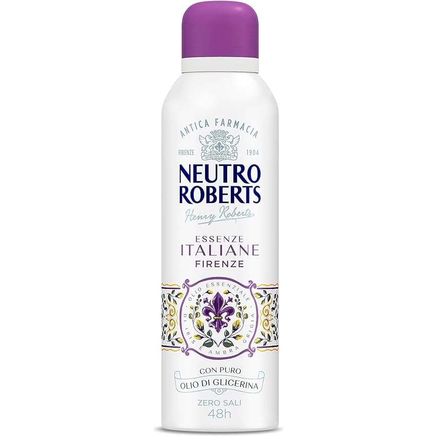 Neutro Roberts, Deodorante Spray Firenze, Senza Sali di Alluminio, Zero Macchie, con Olio Essenziale di Iris e Ambra Grigia, Con Puro Olio di Glicerina, Deodorante Donna e Uomo, 200 ml, 48h