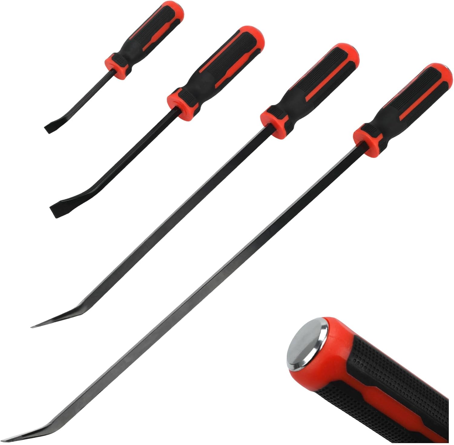 4-Piece Heavy Duty Pry Bar Set, 8", 12", 18", 24" Mechanic Hand Tools with Thicker Strike Cap Handle, Angled Tip for Prying, Lifting and Moving Objects, Black Orange