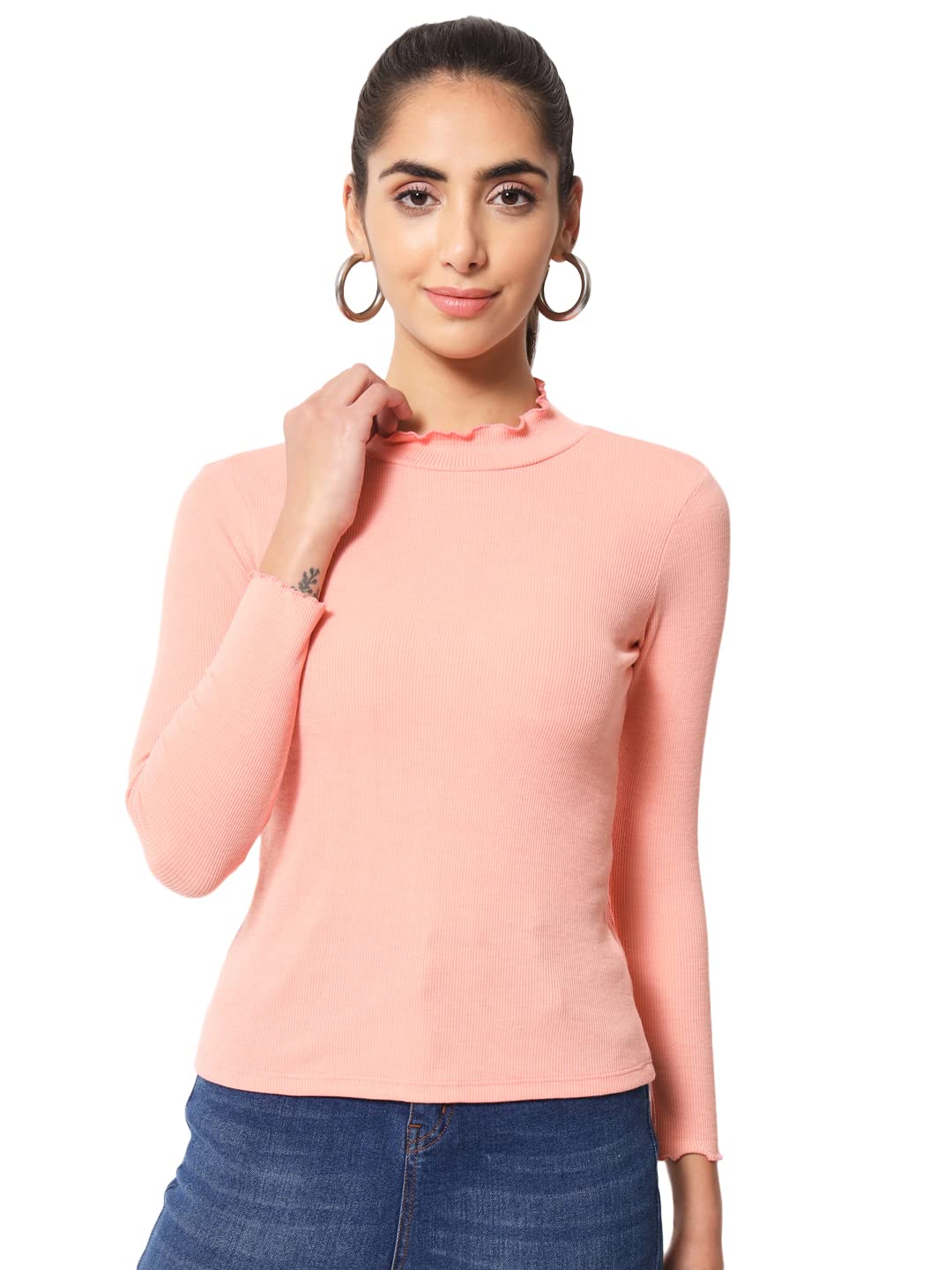 Women Casual High Neck Full Sleeve Rib Cotton Blend Top-image-28
