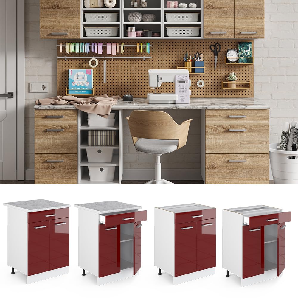 Vicco Unterschrank R-Line, Bordeaux Hochglanz, 60 cm mit Schubladen, ohne Arbeitsplatte, geeignet zur platzsparenden Aufbewahrung in Küchenzeilen