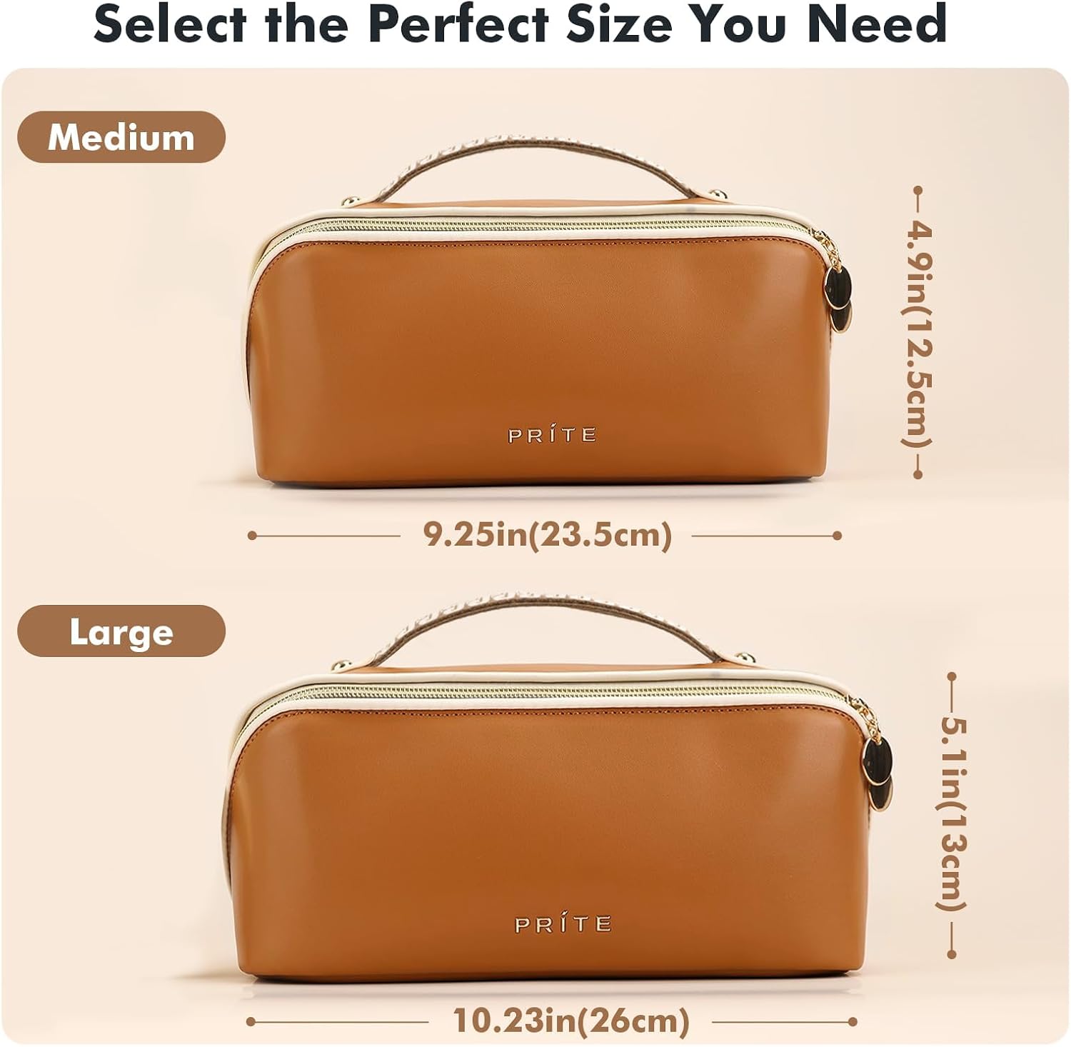 Prite Makeup Bag for Women Travel Waterproof Vegan Leather Cosmetic Bag Open Flat Toiletry Bag With Clear Divider and Handle (New Brown, Large)