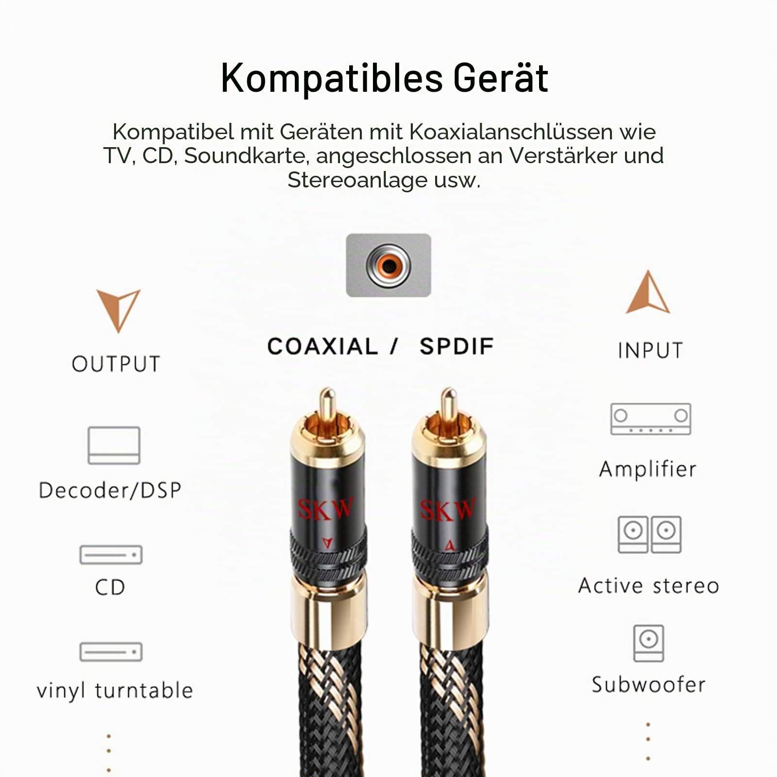 SKW Cinch RCA Digitales Koaxialkabel, S/PDIF RCA Subwoofer Kabel mit Selbstverriegelung Design, für 5.1 Stereo Surround Sound, Verstärker, Stereoanlage, Hi-Fi Anlage, OD: 8mm - 5M
