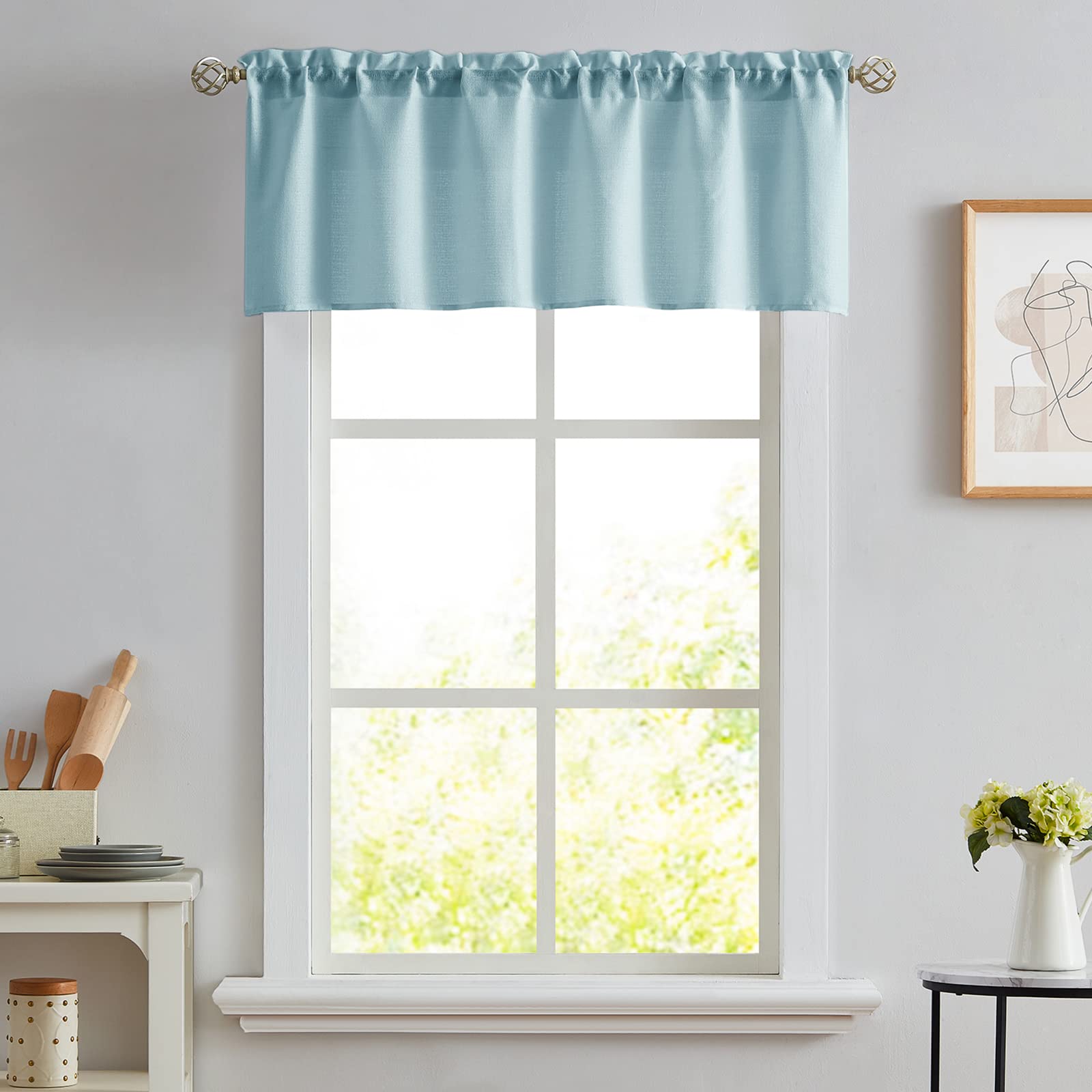 Rideau semi-transparent bleu aspect lin 132x45 cm pour cuisine et café
