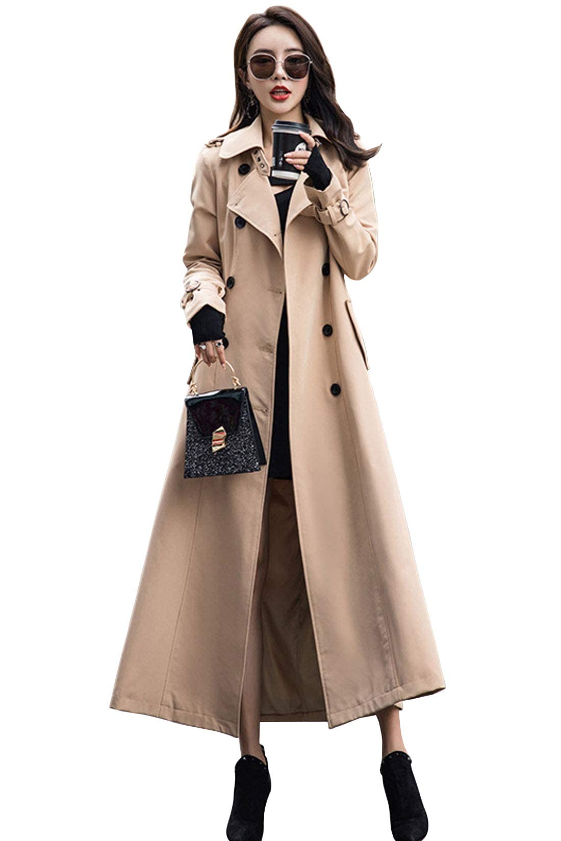 ebossy Womens Double Breasted Duster Trench Coat Slim Full Length Maxi Long Overcoat