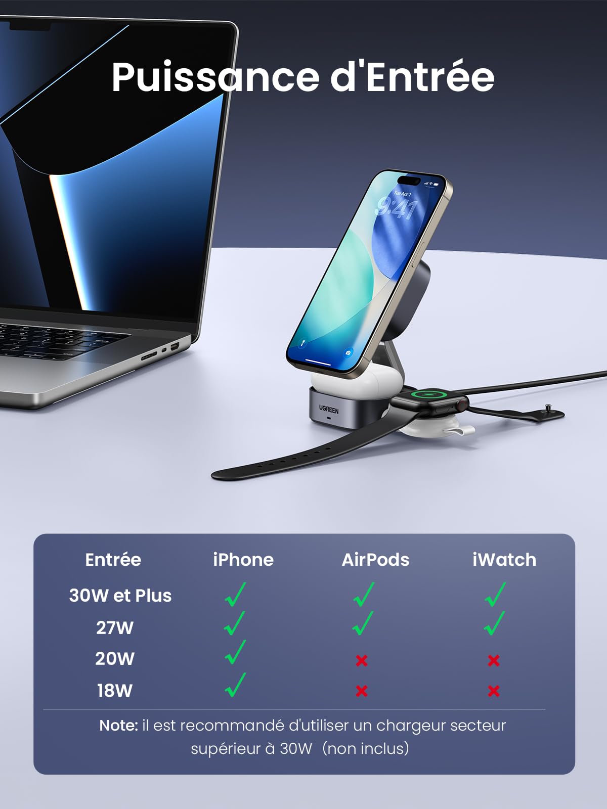 UGREEN MagFlow Qi2 15W Chargeur Induction 2 en 1 Certifié Compatible avec MagSafe iPhone 17 16 15 14 13 12 Air Plus Pro Max AirPods 4 3 Pro 3 2 1 Chargeur sans Fil Magnétique Rapide Pliable Réglable